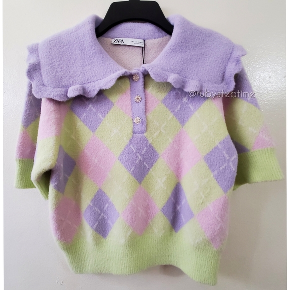 ZARA Pastel Argyle Polo Short Sleeve Sweater,Rhinestone Buttons,Wide Collar, NWT - Picture 2 of 9